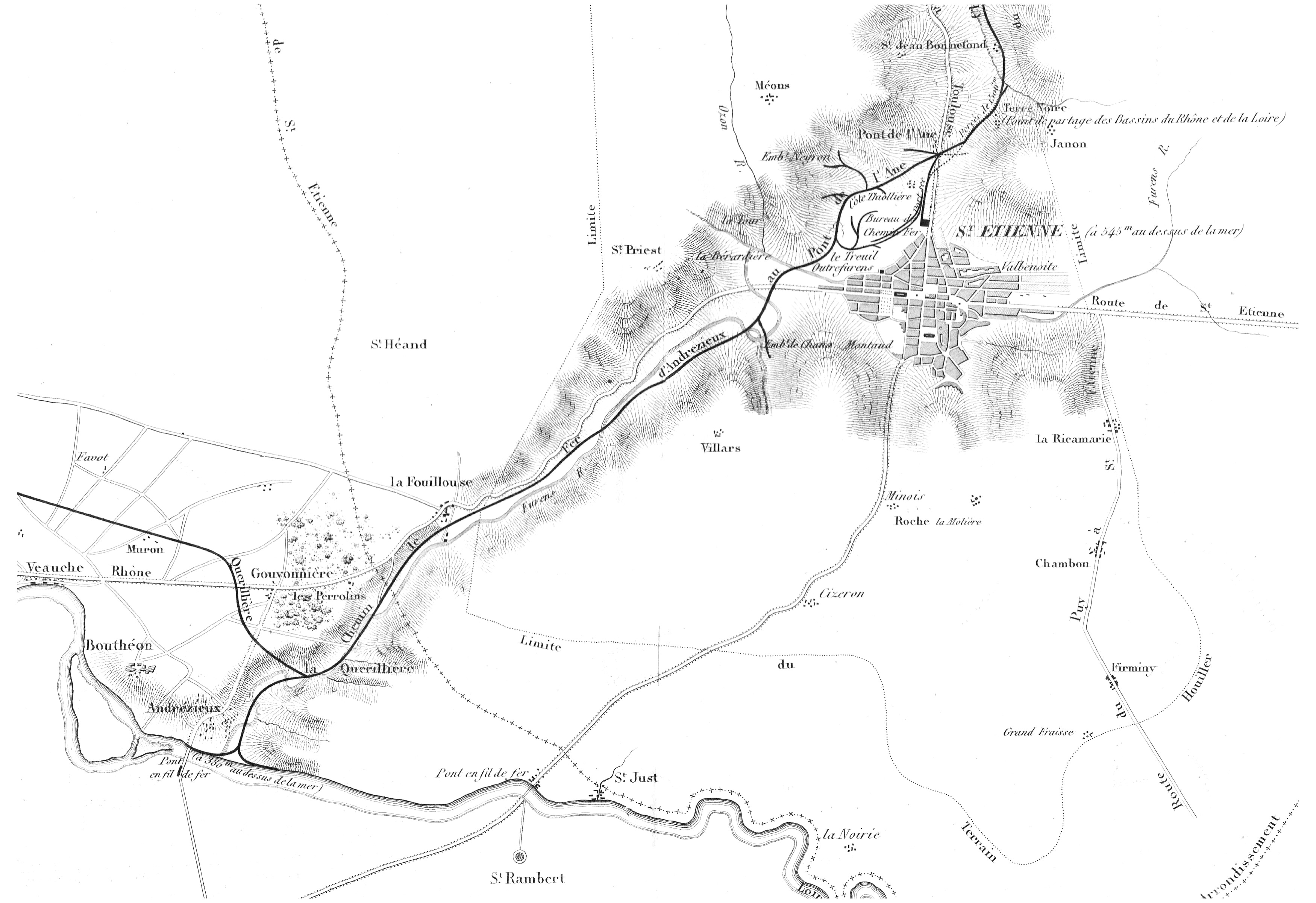 LIGNE DE CHEMIN DE FER PONT-DE-l´ÂNE - ANDRÉZIEUX - CARTE SMITH 1837